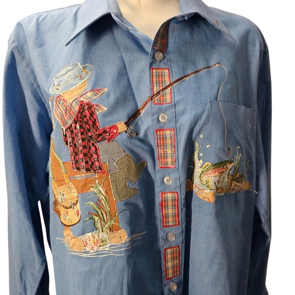 Blue Fishing-Themed Blouse, Long Sleeves, Optional Pin On Hat With Ponytail. - Picture 1 of 11